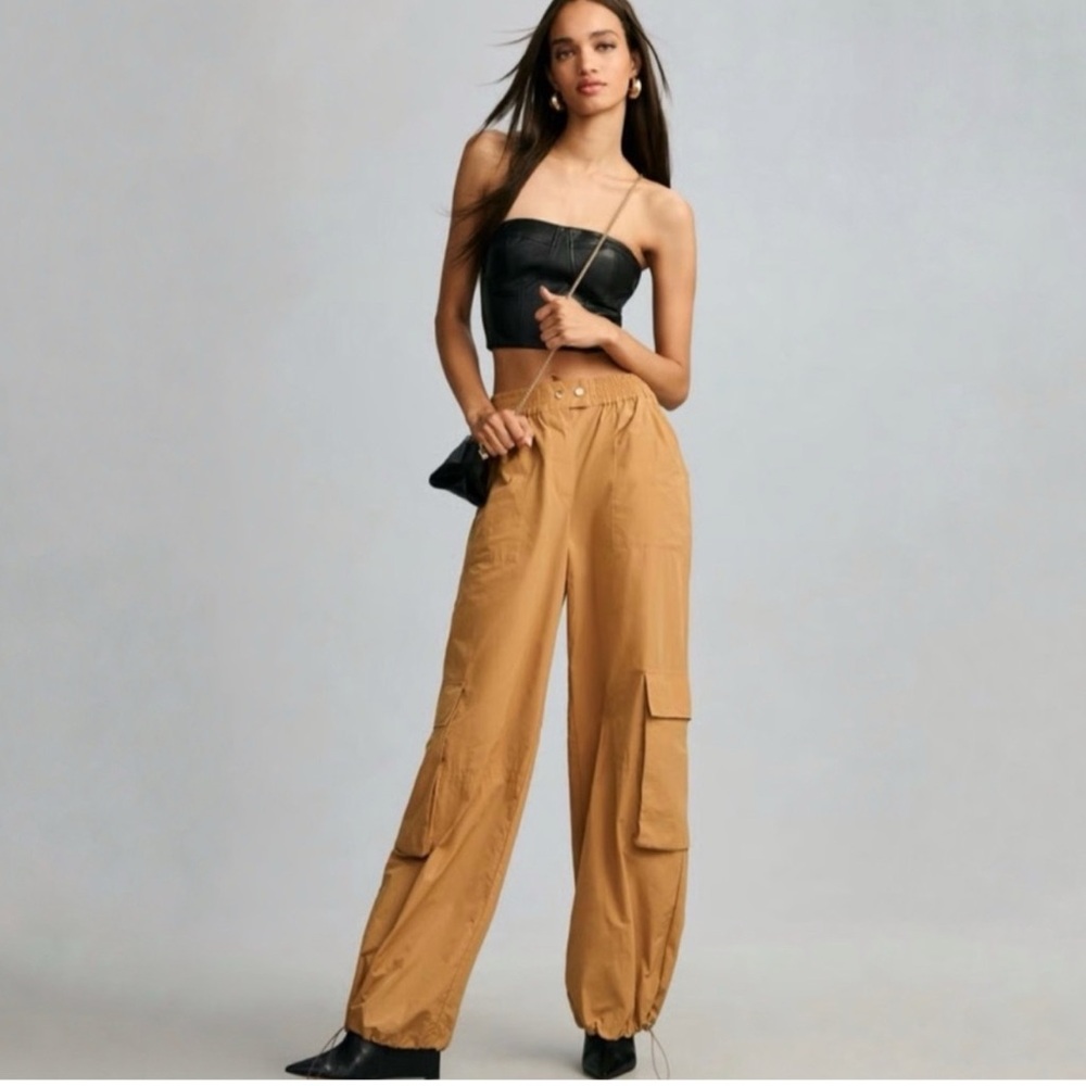 Anthropologie Pilcro Parachute Cargo Pant Nylon Bungee Hem Tan large NWT